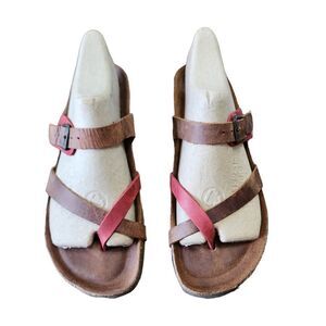 Marina Luna brown & red leather strappy wedge sandals 6.5